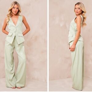 NWT Pretty Little Thing Sage Green Woven Vest Tailored Wide Leg Jumpsuit